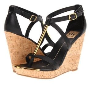 Dolce Vita black cork wedges with gold trim